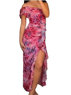 Zara Midi Asymmetrical Ruffled Printed Dress Tie Dye